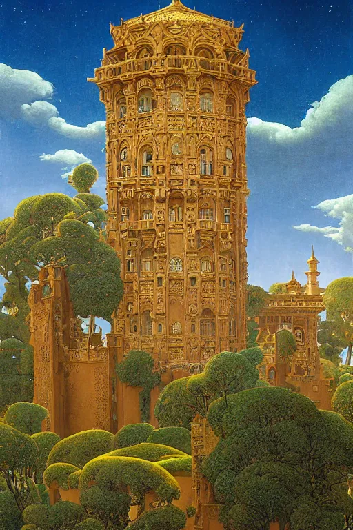 Prompt: ancient carved tower of the moon in its gardens fairytale illustration, elaborate latticed balconies, tall windows, moorish architecture, formal gardens, dramatic cinematic lighting, soft colors, golden age illustrator, unreal engine, by Ludwig Deutsch and William Dyce and Andreas Rocha and (Maxfield Parrish and Nicholas Roerich)