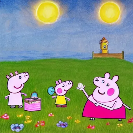 Image similar to Peppa Pig meets the moonmins at last. Peppa Pig and the Moomins eat a picnic in front of the sea. Beautiful drawing