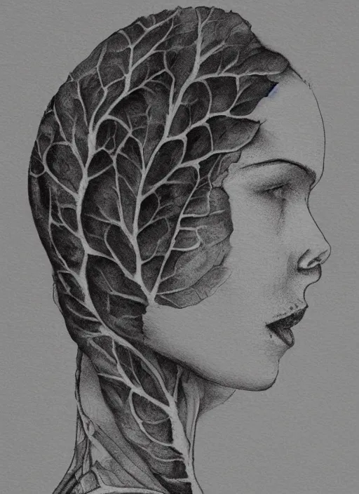 Prompt: a womans face in profile made of leaf skeleton in the style of the dutch masters and gregory crewdson dark and moody. for art gallery. wlop style