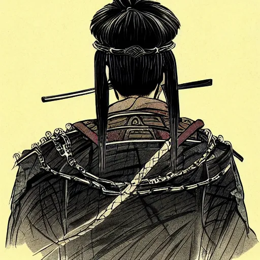 Prompt: A PORTRAIT FROM BEHIND OF A SAMURAI ,THE THE MAN IS WRAPPED IN CHAINS ,detailed, concept art, ink style , sketch