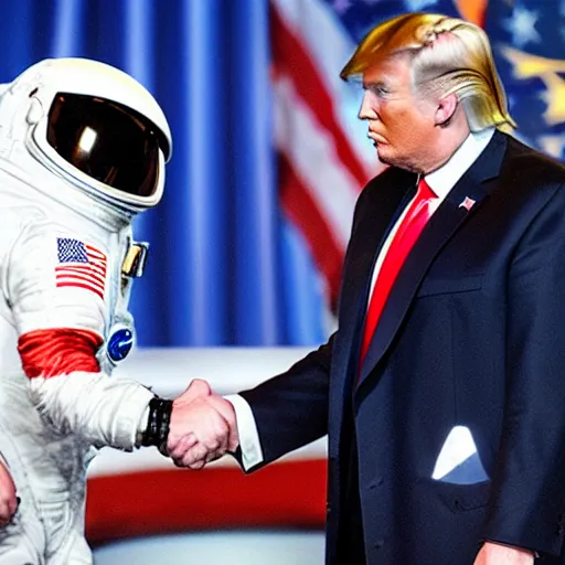Prompt: astronaut cat shaking hands with donald trump