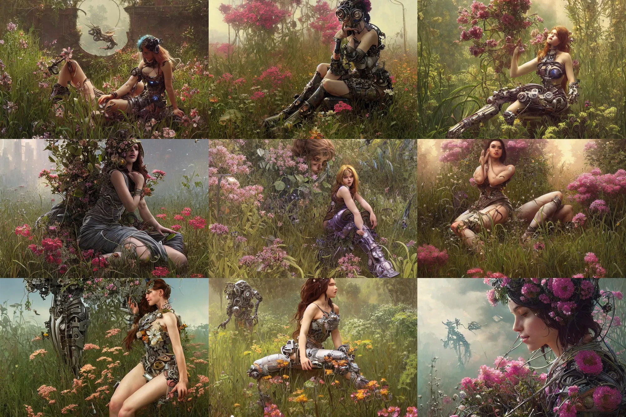 Prompt: Ultra realistic illustration, rusty cyborg woman sitting among flowers and vegetation, cyberpunk, sci-fi, fantasy, intricate, elegant, highly detailed, digital painting, artstation, concept art, smooth, sharp focus, illustration, art by artgerm and greg rutkowski and alphonse mucha