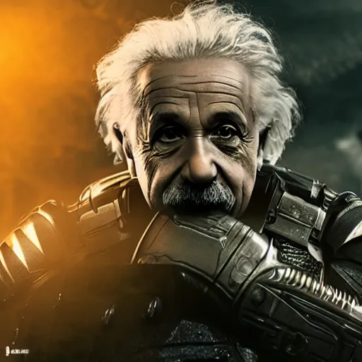 Prompt: 'Albert Einstein'! as Batman in Gears of War, splash art, movie still, detailed face, cinematic lighting, dramatic, octane render, long lens, shallow depth of field, bokeh, anamorphic lens flare, 8k, hyper detailed, 35mm film grain