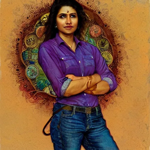 Image similar to close up a beautiful Indian doctor wearing jeans and a shirt in Texas in 2022, sun shining, photo realistic illustration by greg rutkowski, thomas kindkade, alphonse mucha, loish, norman rockwell.