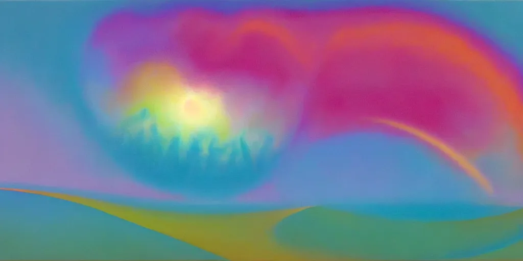 Prompt: the inner structure of quantum reality waves. Oil on canvas. Modern painting. Agnes Pelton. Zao Wou-ki. Peter Max.