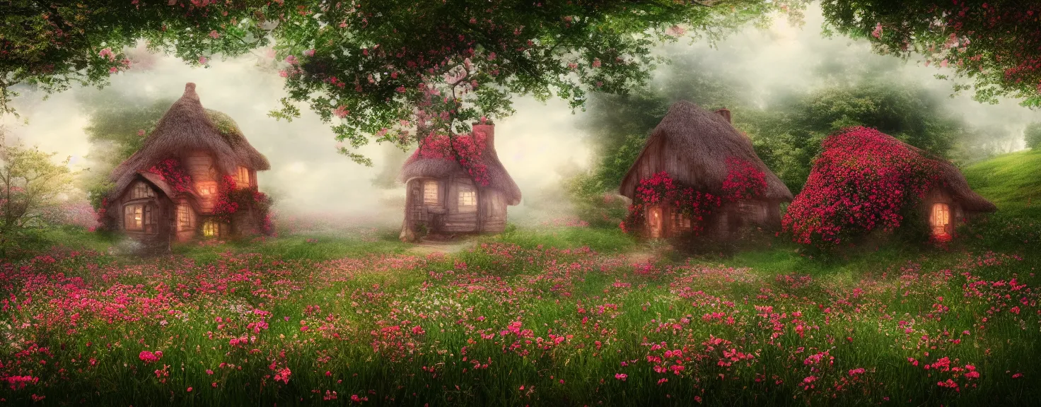 Image similar to fantasy little strawberry like cottage among magical floral meadow partially covered with fog, photo realistic image, super detailed, 4K,cinematic look