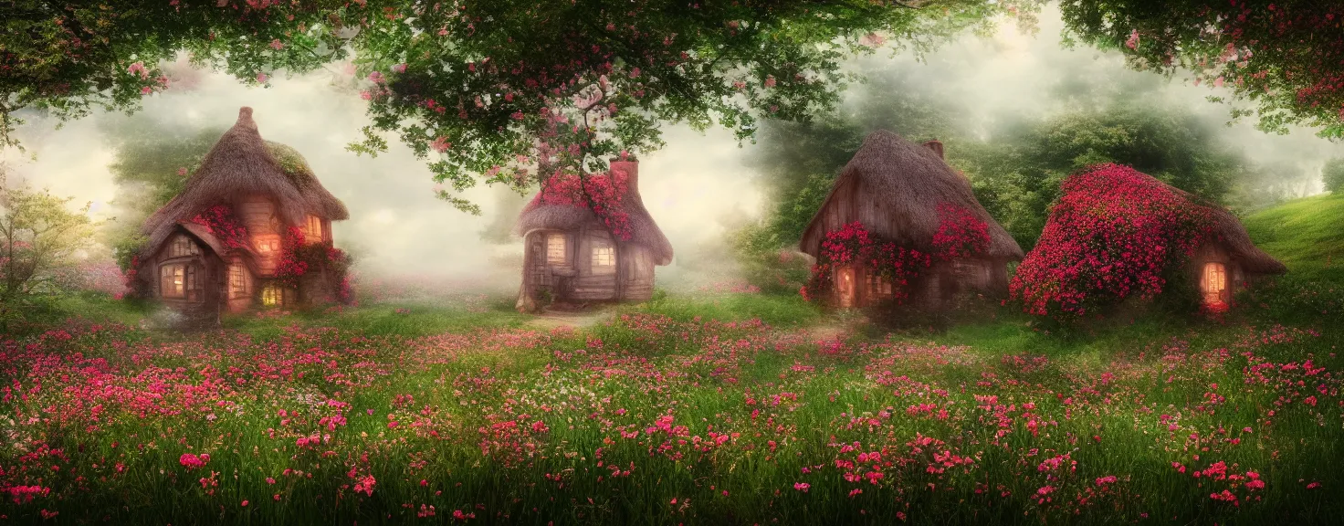 Prompt: fantasy little strawberry like cottage among magical floral meadow partially covered with fog, photo realistic image, super detailed, 4K,cinematic look