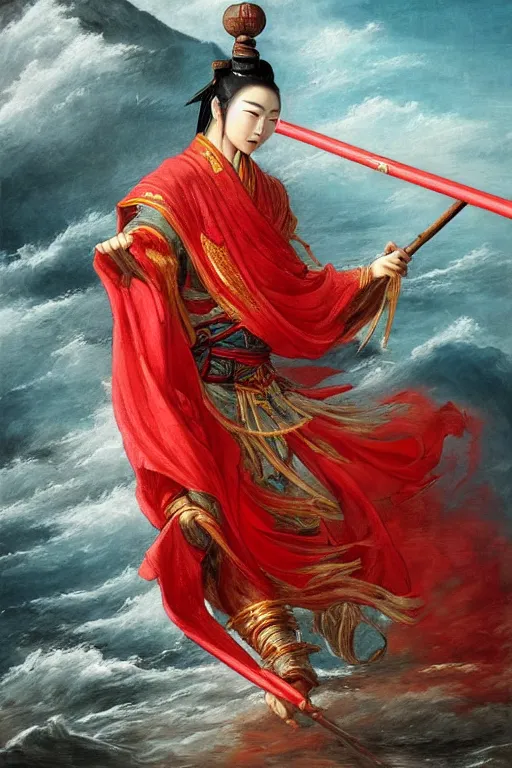 Image similar to a masterpiece portrait of legendry nezha flies riding on the wind fire wheels across the sea, water everywhere, chinese mythology, side view, red cloth around his shoulders, hold spear, cinematic, fantasy character portrait, highly detailed, by ne zha ( 2 0 1 9 ), fenghua zhong