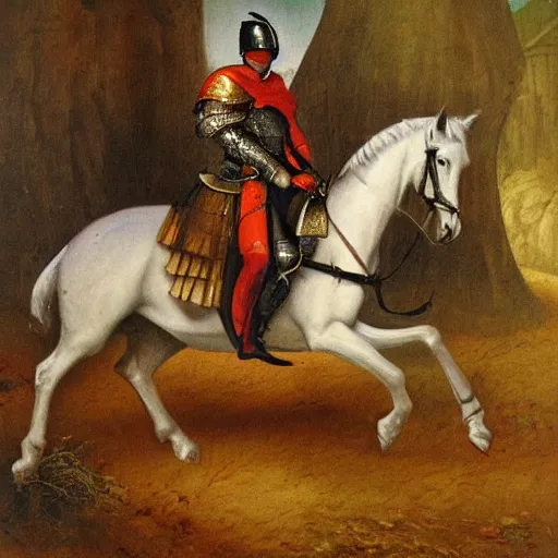 Image similar to seselj wearing shining knight's armor and riding a horse through a dark forest, highly detailed, oil painting