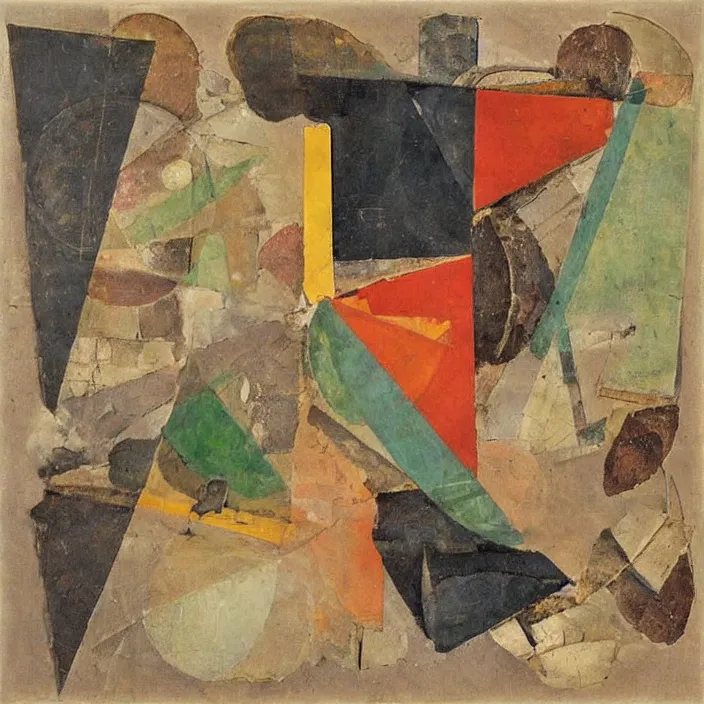 Image similar to an artwork by kurt schwitters, mix of geometric and organic shapes, both bright and earth colors, mixed media