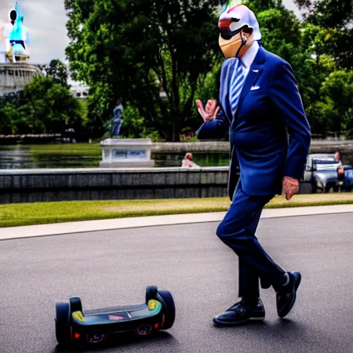 Image similar to A professional photograph of Joe Biden going to the US capital with a hoverboard, HDR, 8k,