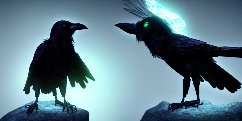 Image similar to black raven with glowing magic ring around neck stylized fantasy illustration HD, high quality, highly detailed, unreal engine, 4K quality