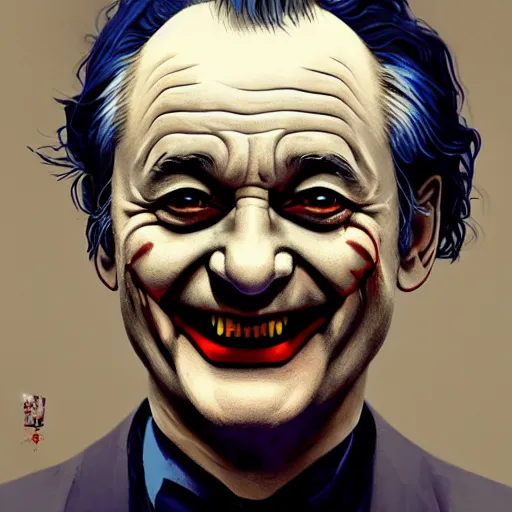 Image similar to bill murray as the joker, highly detailed vfx portrait, unreal engine, greg rutkowski, loish, rhads, caspar david friedrich, makoto shinkai and lois van baarle, ilya kuvshinov, rossdraws, elegent, tom bagshaw, alphonse mucha, global illumination, detailed and intricate environment.