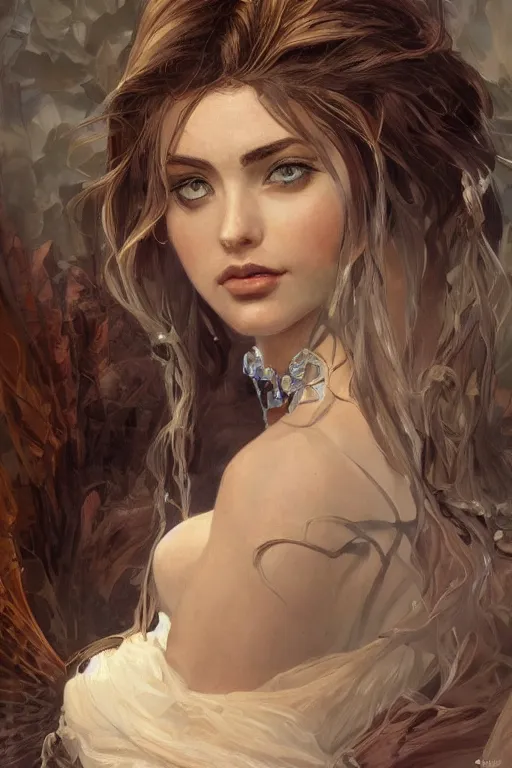 Image similar to portrait of everything, long hair, fantasy, elegant, intricate, full frontal shot, highly detailed, digital painting, artstation, concept art, sharp focus, illustration, art by artgerm and greg rutkowski and alphonse mucha