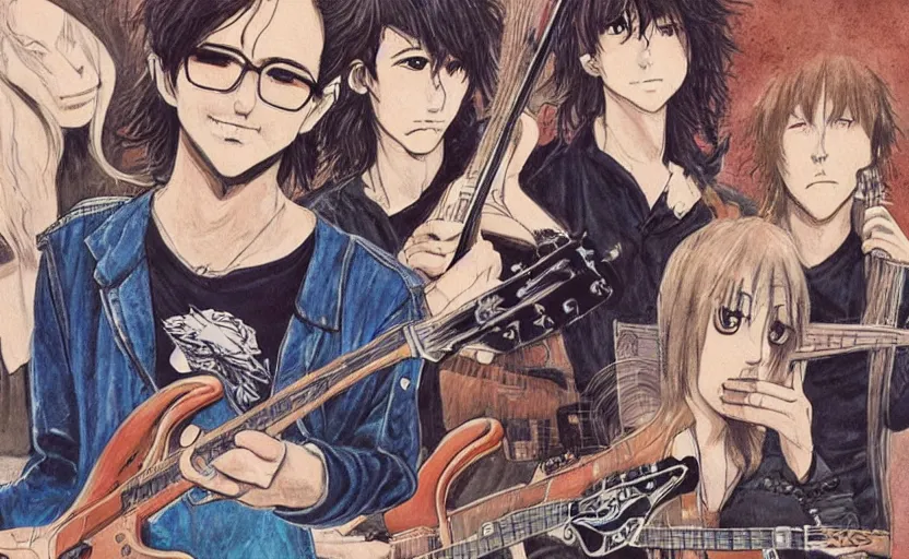 Image similar to yes band covers in a hyper surealism style, ultra detailed, in subtle colors, manga style.