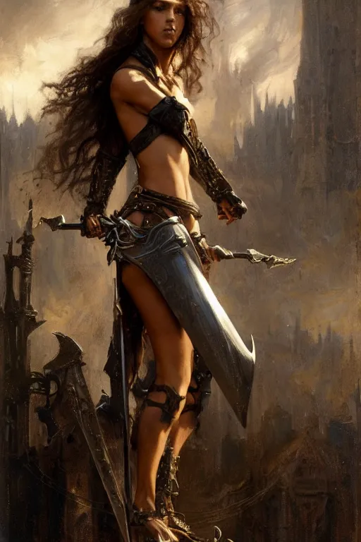 Image similar to dangerously agile jessica alba wearing black medieval armour, bare legs, detailed, by gaston bussiere, bayard wu, greg rutkowski, giger, maxim verehin, greg rutkowski, masterpiece, sharp focus, cinematic lightning