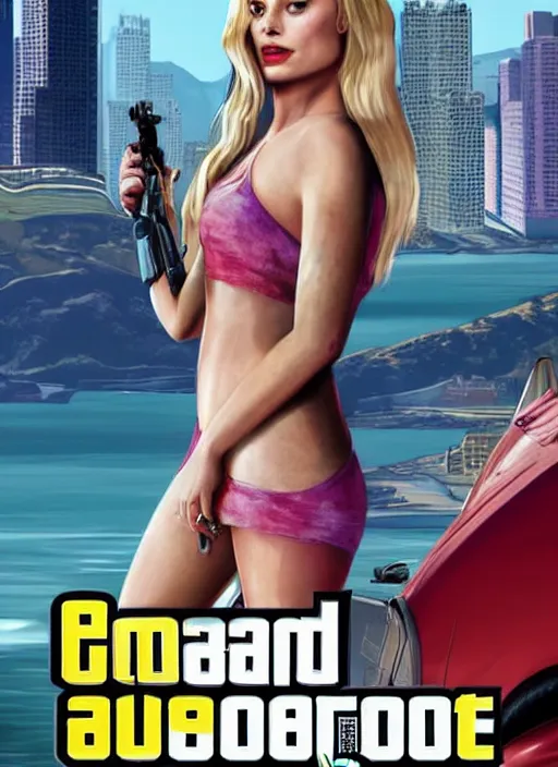 Image similar to margot robbie on gta v game poster, highly detailed