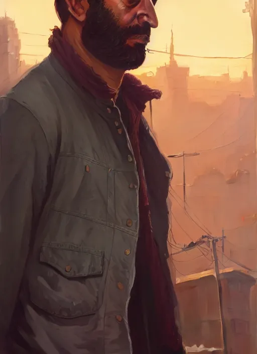 Prompt: highly detailed portrait of iranian man in gta v, stephen bliss, unreal engine, fantasy art by greg rutkowski, loish, rhads, ferdinand knab, makoto shinkai and lois van baarle, ilya kuvshinov, rossdraws, tom bagshaw, global illumination, radiant light, detailed and intricate environment