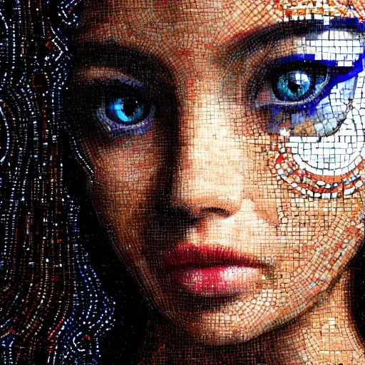 Image similar to portrait mosaic of a beautiful cute girl with robot ears and eyes, 4k, intricate details