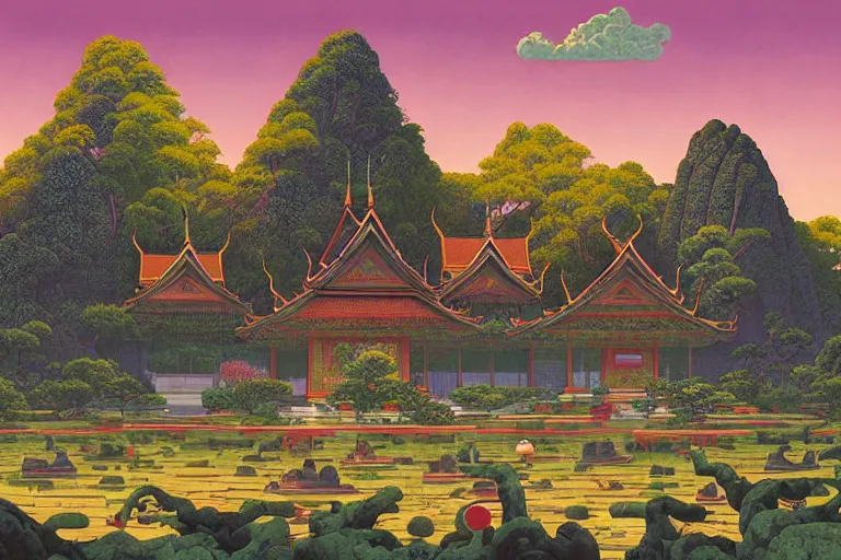 Prompt: summer morning, thai temple, rolling mountain, very coherent and colorful high contrast, art by gediminas pranckevicius, geof darrow, franz sedlacek, dark shadows, hard lighting, ukiyo - e