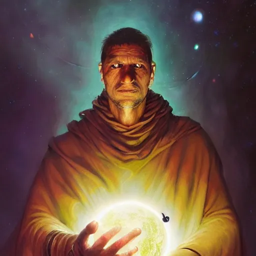 Image similar to male nomad wearing a cloak on an alien world and holding a holographic planet projection in his hand, covered face, detailed, sci - fi, digital painting, artstation, sharp focus, illustration, artgerm, tomasz alen kopera, peter mohrbacher, donato giancola, joseph christian leyendecker, wlop, frank frazetta