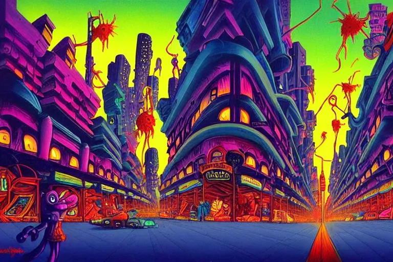 Image similar to surreal colorful nightmarish cityscape, artwork by ralph bakshi