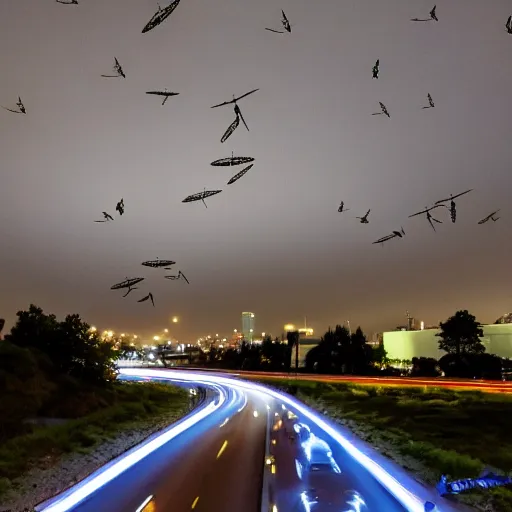 Prompt: dslr photo freeway photo at night, dragonflies create the lights, very high quality lights, intricate details, extremely high quality, moody lighting, real camera, real photo, slow - shutter, 8 k, full subject in shot