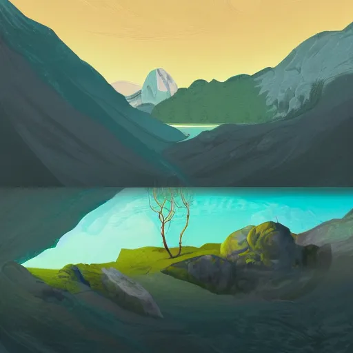 Prompt: digital painting of mountain landscape with a lake and character near the water, very smooth, by philip sue art, by philip sue and james gilleard, contest winner on behance, pastel colors, xpen drawing