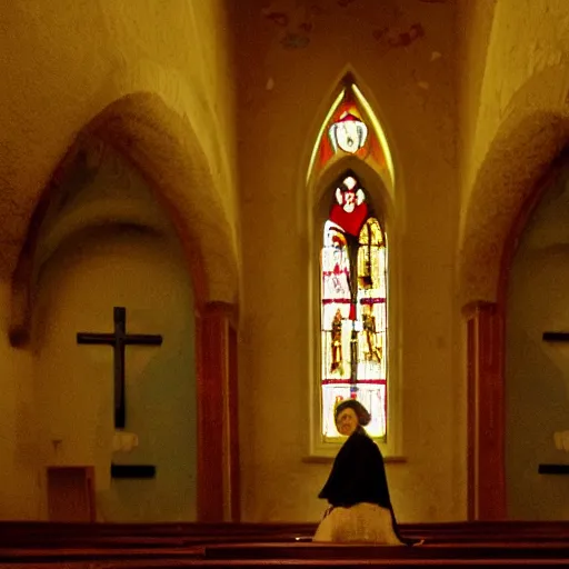 Image similar to Rosaria_(genshin_Impact) Sitting in a Church at night