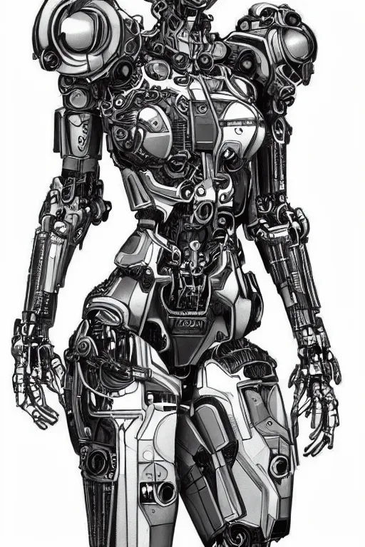 Image similar to full body illustration female cyborg, very symmetrical!! highly detailed, sumi - e art, suiboku - ga ink, by kim jisu, pen and ink monochrome, mecha, deviantart, artstation, pinterest