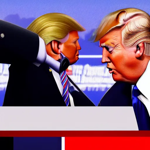 Image similar to joe biden and donald trump kissing, 2 0 2 4 presidential debate, photorealistic rendering. artstation, 4 k, hyperrealism