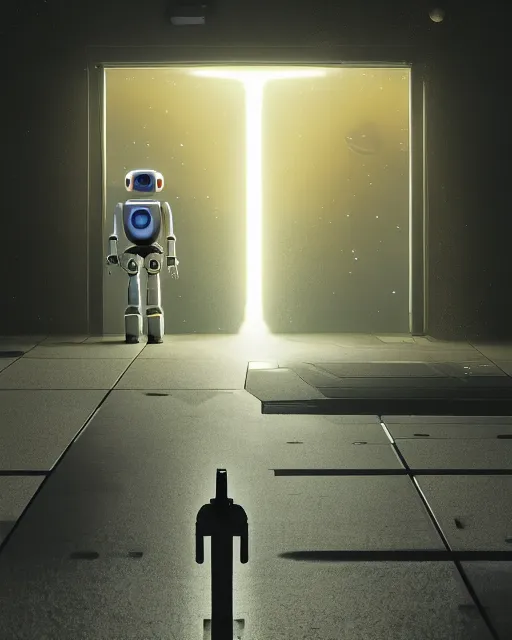 Prompt: a robot standing in front of a glowy open door that's on a barren moon, poster art by mike winkelmann, trending on cg society, space art, sci - fi, ue 5, futuristic, volumetric lighting, light casting onto the ground, neat composition and camera angle