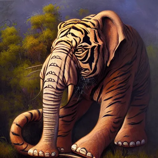 Image similar to tiger - elephant creature, oil painting by justin gerard