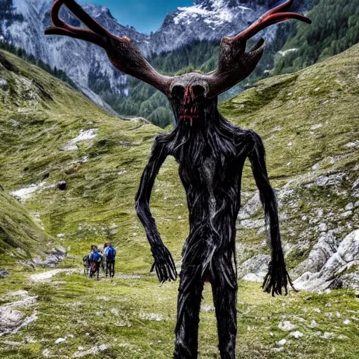 Prompt: Took this pic of a wild wendigo while hiking in the Alps #nature #creepy #photography