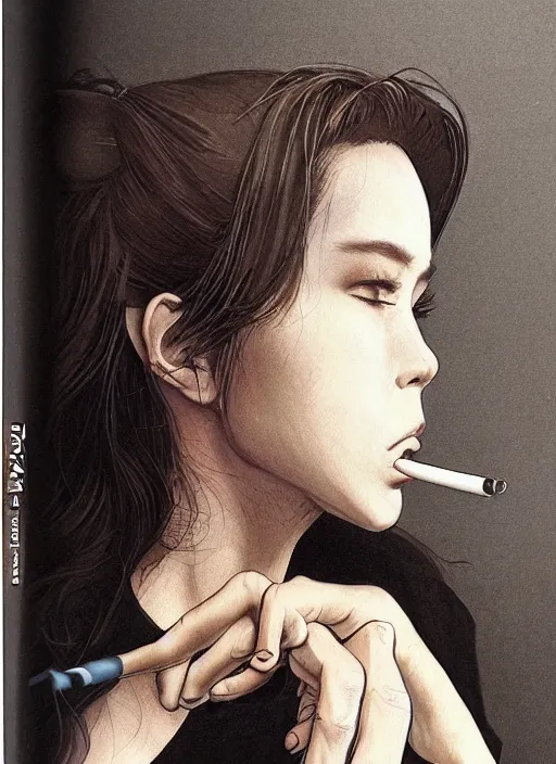 Prompt: portrait of a beautiful girl smoking a cigarette, by takehiko inoue and kim jung gi and hiroya oku, masterpiece illustration, ultrarealistic, realistic hand reference, perfect face and anatomy, golden ratio