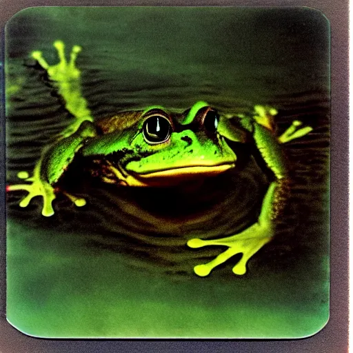 Image similar to semitranslucent smiling frog amphibian floating over misty lake in Jesus Christ pose, polaroid shot by Andrei Tarkovsky, paranormal, spiritual, mystical