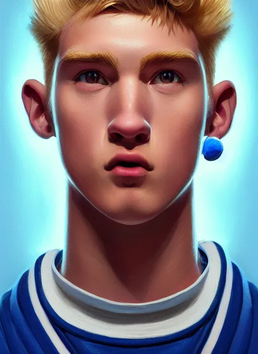 Image similar to portrait of high school senior boy named big moose, blonde short hair, jock, beefy, wide face, square jaw, square facial structure, blue varsity jacket with letter r, intricate, elegant, glowing lights, highly detailed, digital painting, artstation, concept art, sharp focus, illustration, art by wlop, mars ravelo and greg rutkowski