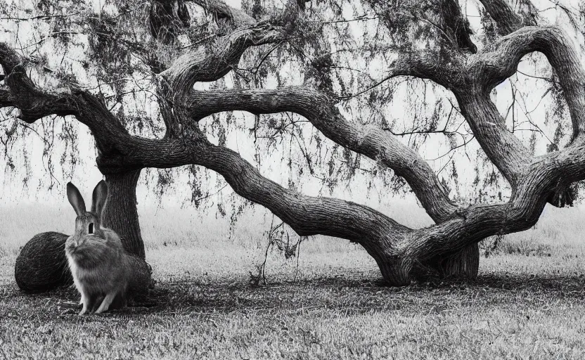 Prompt: Pentax K-1000, little rabbit hiding behind big black tree, analogue photo quality, blur, unfocus, monochrome, 35mm