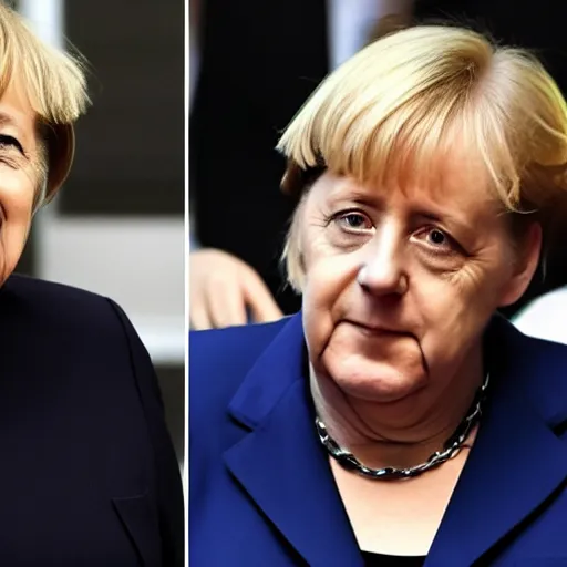 Prompt: photo of angela merkel doing the hair styleing of boris johnson