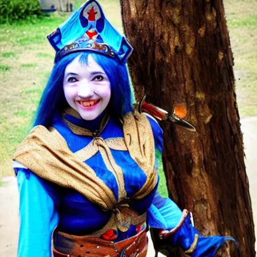 Image similar to full shot photo of a female jester warrior with waepons