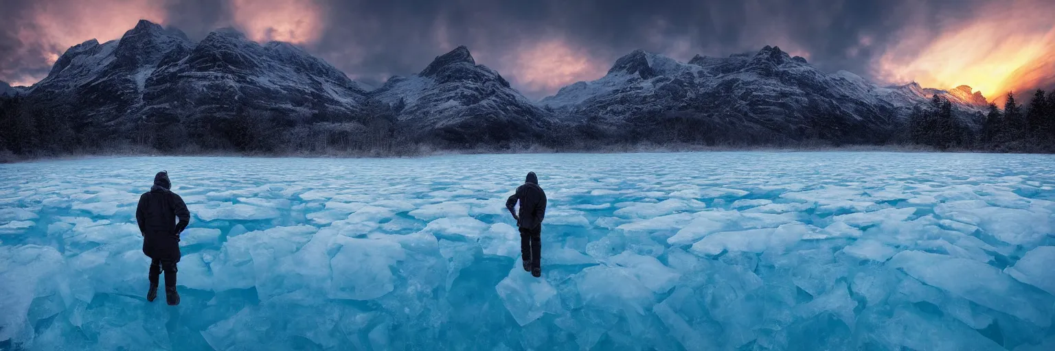 Image similar to amazing landscape photo of a Frozen Human Giant stuck under the ice transparent frozen lake at sunset by marc adamus beautiful dramatic lighting