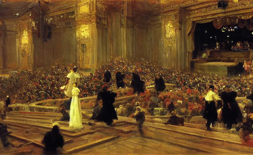Prompt: high quality high detail painting by ilya repin, establishing shot of a theater show, hd