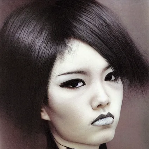 Image similar to A young woman with black and white hair looking disgusted away from the camera, Portrait by Noriyoshi Ohrai