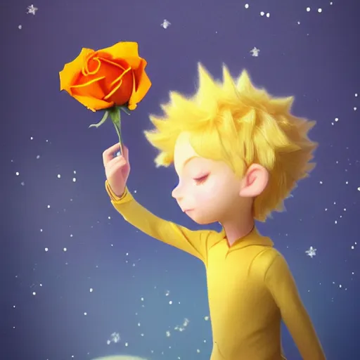 Prompt: the little prince holding a rose illustration, bokeh, octane render, award winning, trending on art station