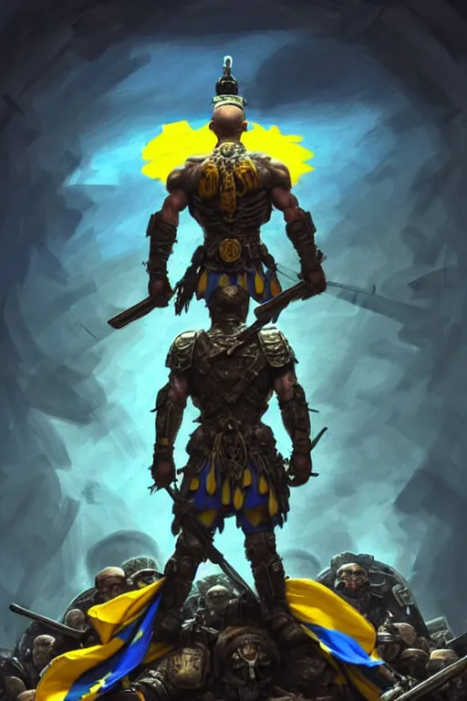 Image similar to a distant shot from behind of a Ukrainian super soldier with blue and yellow flag behind him standing alone on a huge pile of skulls as a winner, masculine muscular figure, D&D, fantasy, intricate, elegant, highly detailed, extremely detailed, digital painting, artstation, concept art, matte, sharp focus, symmetrical, illustration, art by Artgerm and Greg Rutkowski and Alphonse Mucha