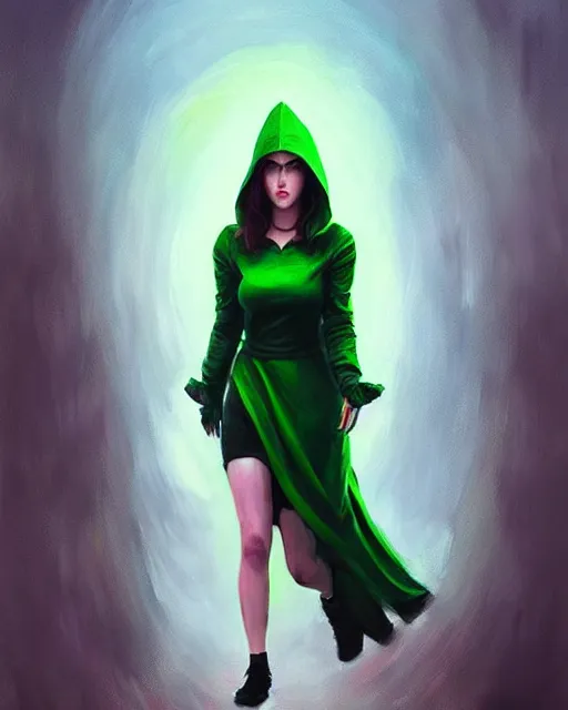 Prompt: Mandy Jurgens art, Irina French art, Rachel Walpole art, cinematics lighting, beautiful Anna Kendrick supervillain, green dress with a black hood, angry, symmetrical face, Symmetrical eyes, full body, flying in the air over city, night time, red mood in background