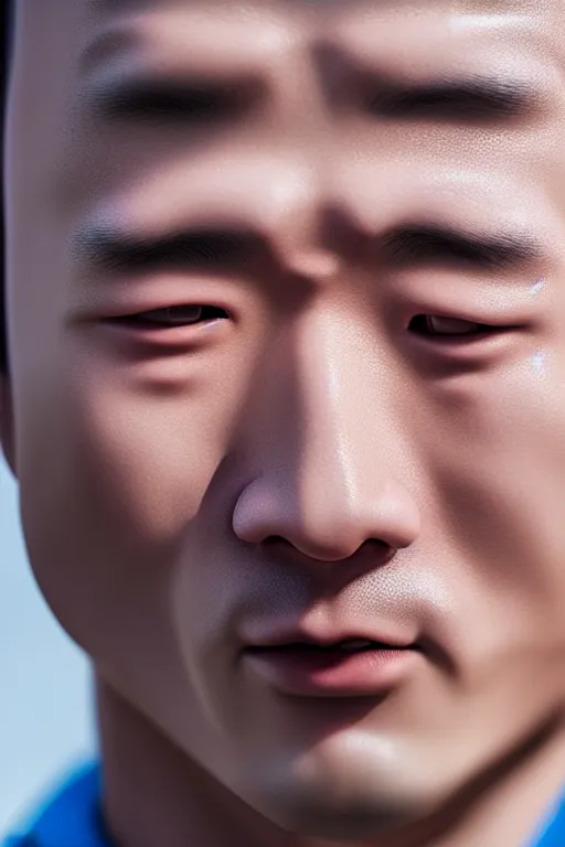 Image similar to high quality close-up photo very expressive biomechanic chinese man highly detailed eric zener elson peter cinematic blue lighting high angle hd 8k sharp shallow depth of field