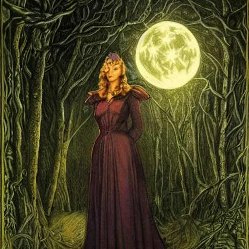Prompt: beautiful elegant!!! portrait of 1 9 4 0 s woman tolkien elf! in the forest at night rivendale, style of gustave dore intaglio, moon and stars