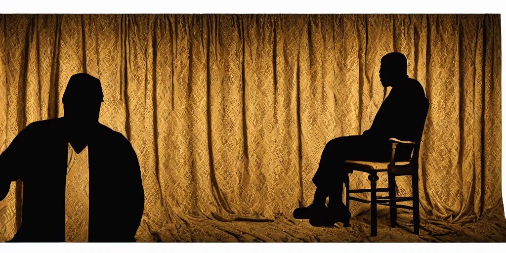 Prompt: photo style of nick fancher, portrait of silhouette of big black man sitting on throne, background made of big curtains