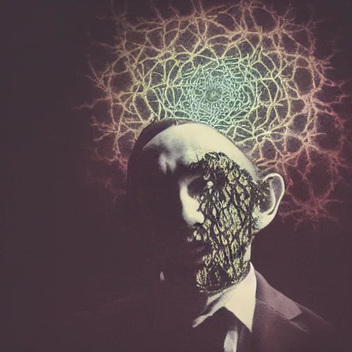 Image similar to dramatic matte portrait painting of man with black mandelbrot fractal instead of face, horror, body horror, dark art,